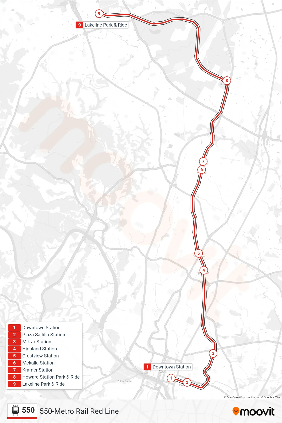 550 light rail Line (550 Lakeline Station Nb) route and stops on a map