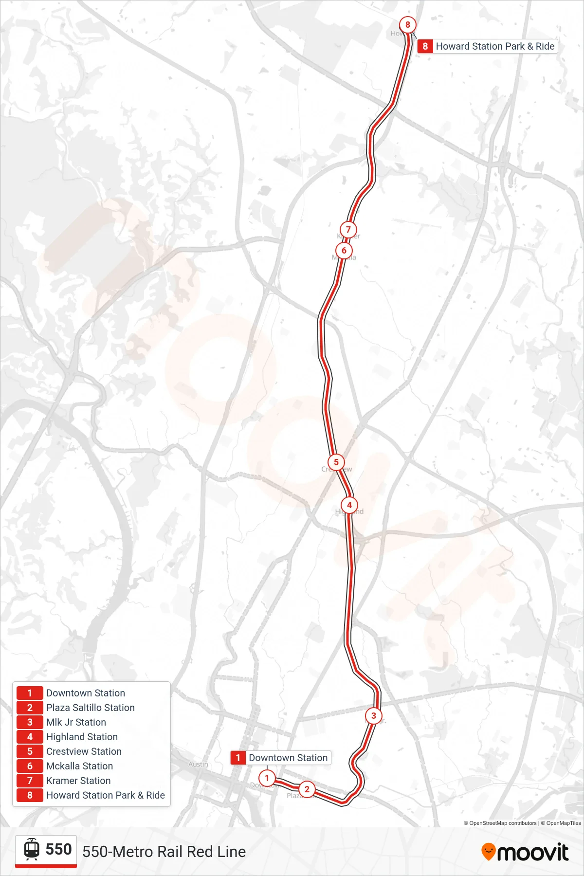 550 tram Line (550 Howard Station Nb) route and stops on a map