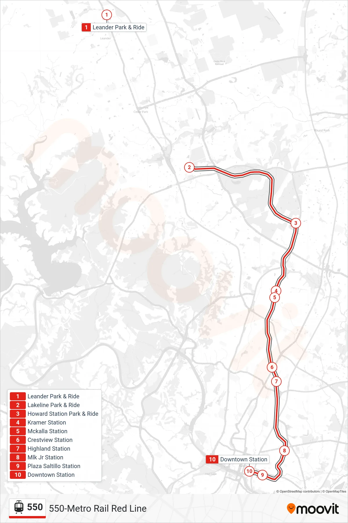 550 tram Line (550 Downtown Station Sb) route and stops on a map