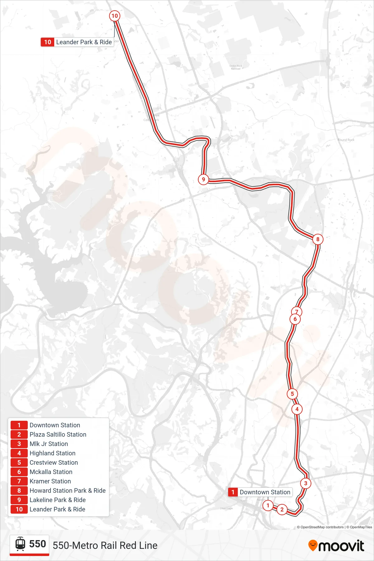 550 tram Line (550 Leander Station Nb) route and stops on a map
