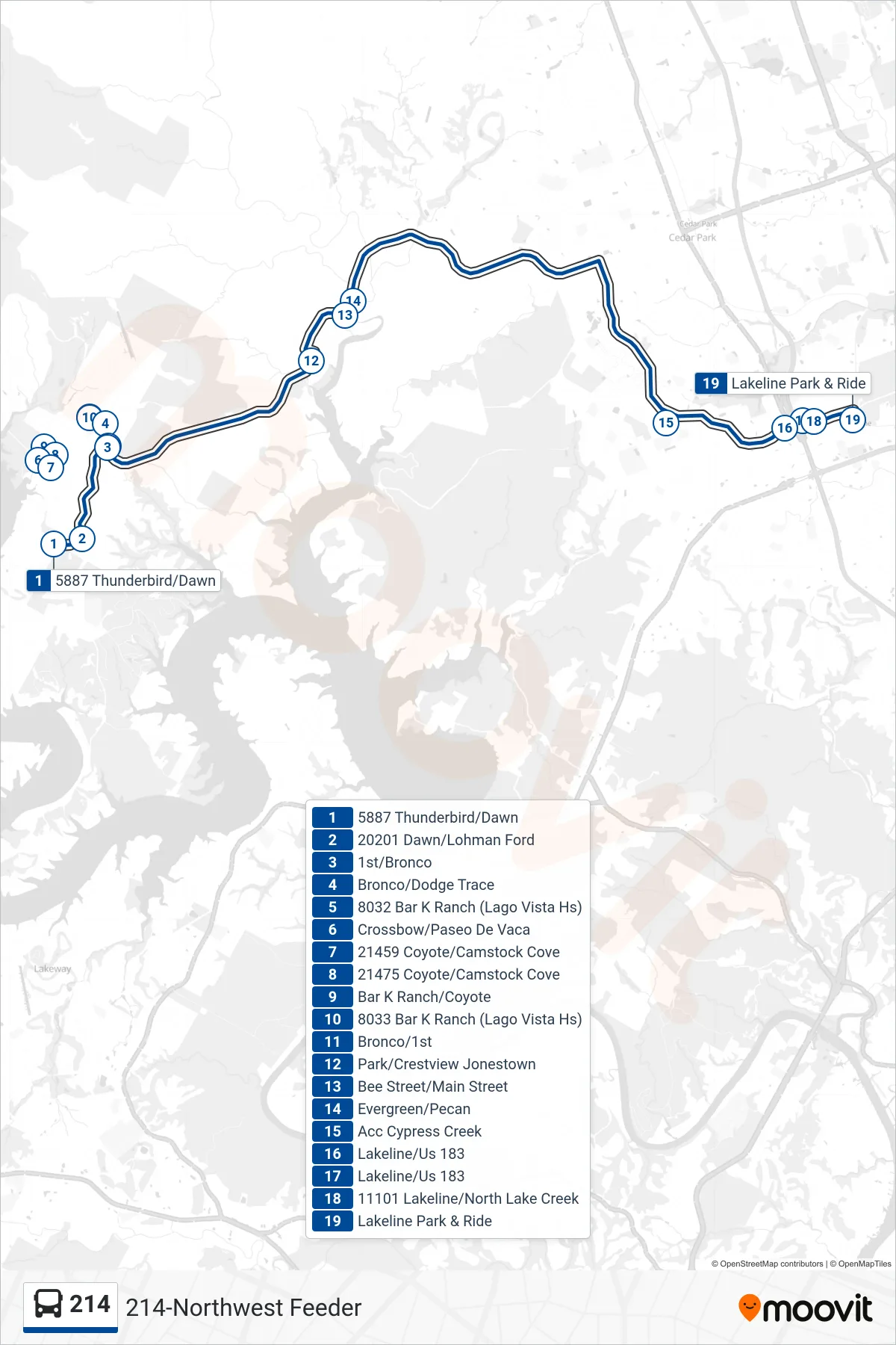 214 bus Line (214 Lakeline Station Eb) route and stops on a map
