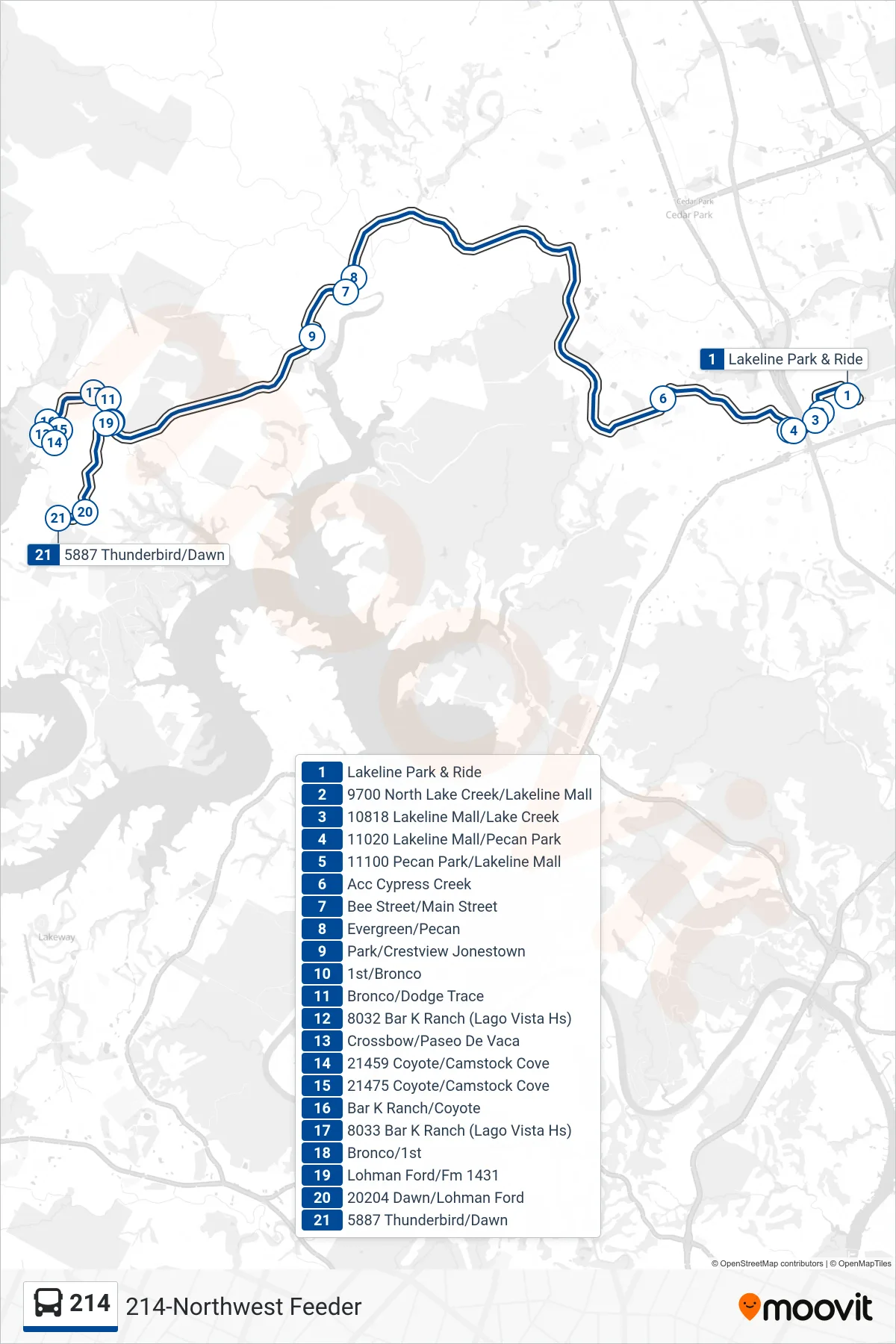 214 bus Line (214 Lago Vista Wb) route and stops on a map