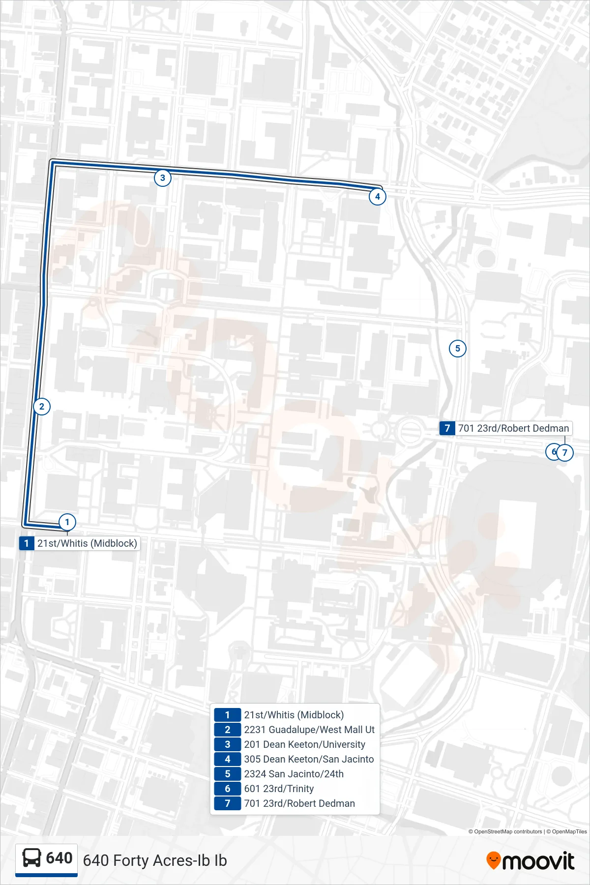 640 bus Line (640 Forty Acres-Ib Ib) route and stops on a map