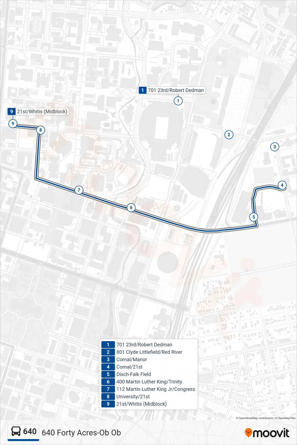 640 bus Line (640 Forty Acres-Ob Ob) route and stops on a map