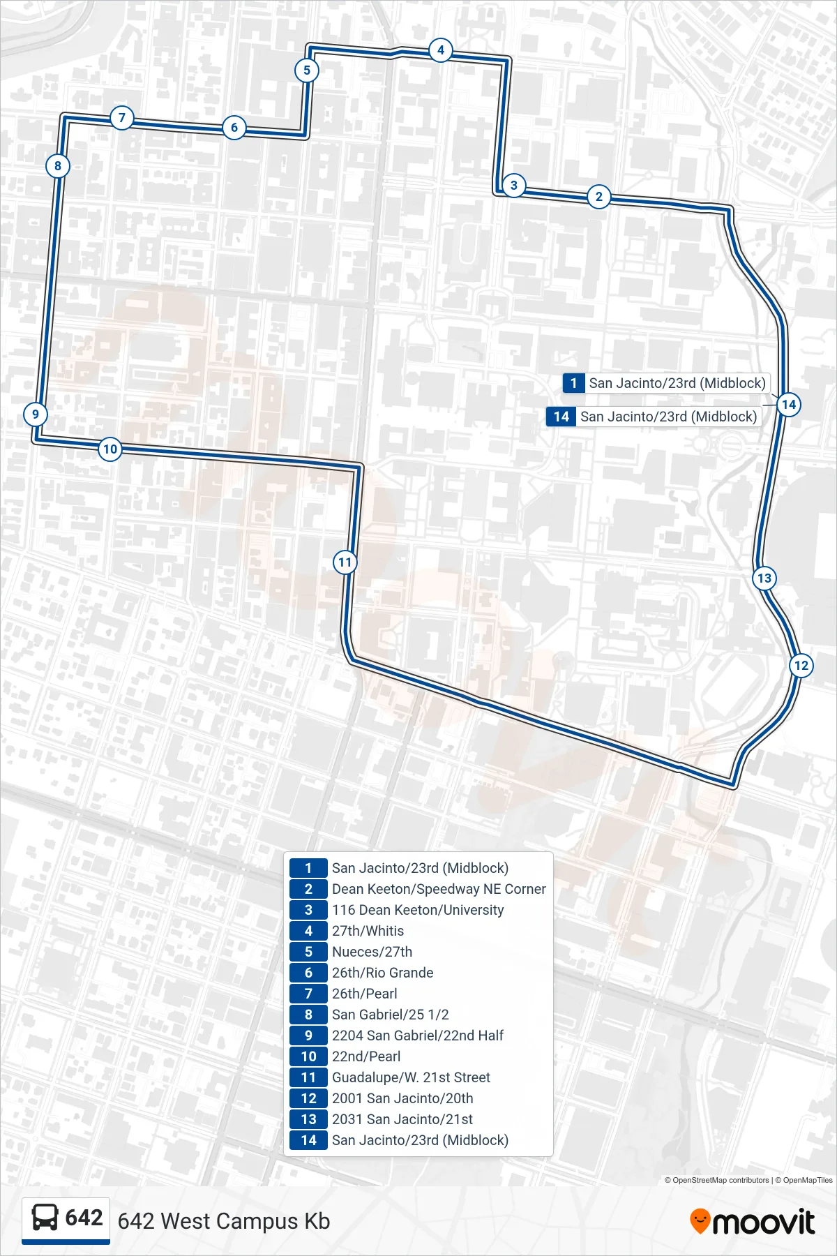 642 bus Line (642 West Campus Kb) route and stops on a map