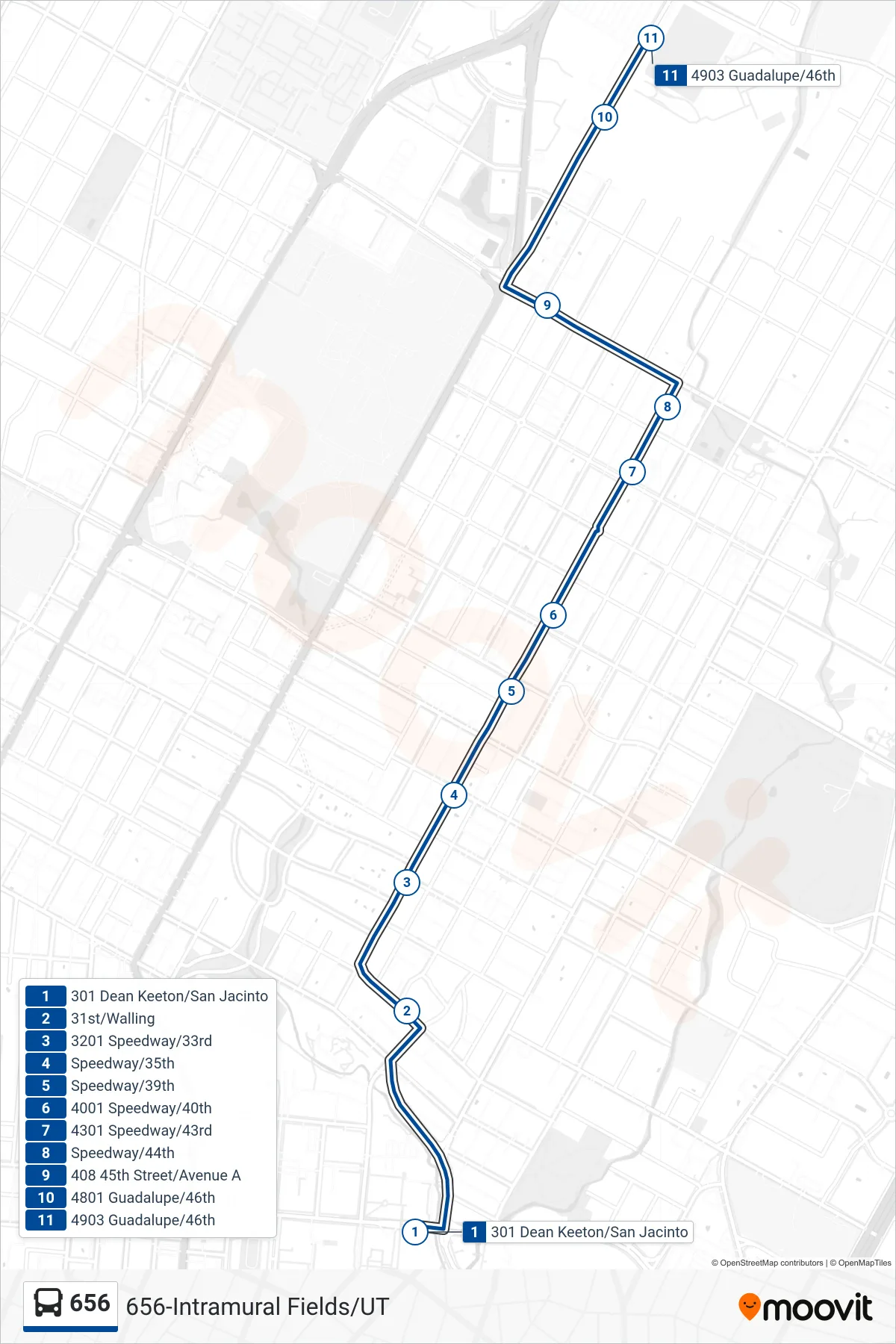 656 bus Line (656 Intramural Fields Ob) route and stops on a map