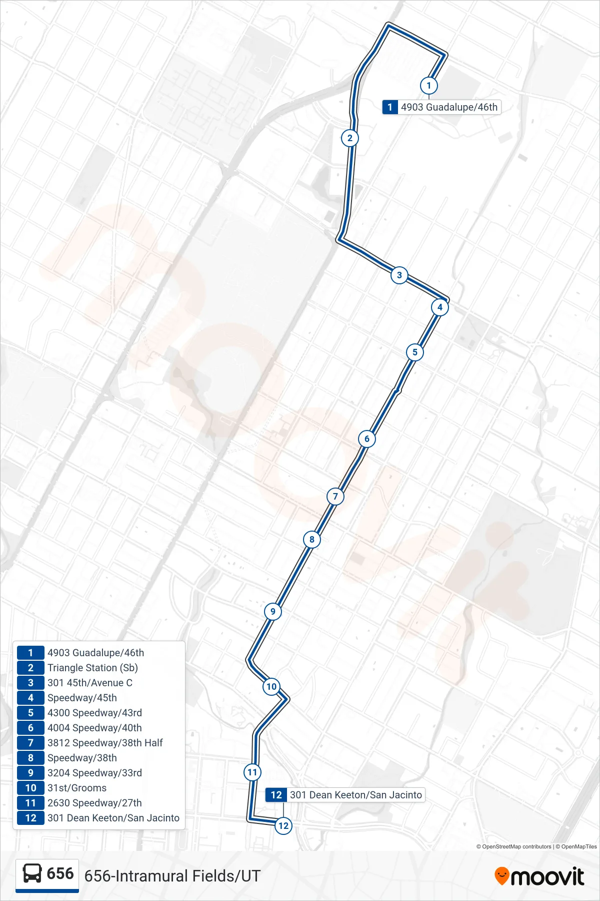 656 bus Line (656 Ut Campus Ib) route and stops on a map