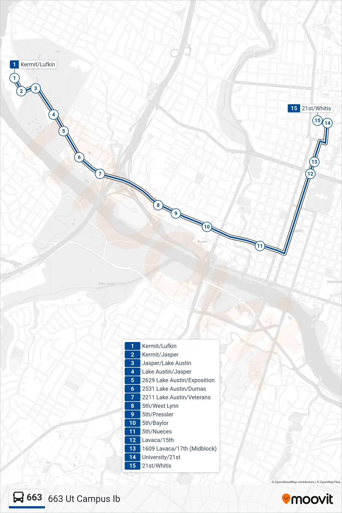 663 bus Line (663 Ut Campus Ib) route and stops on a map