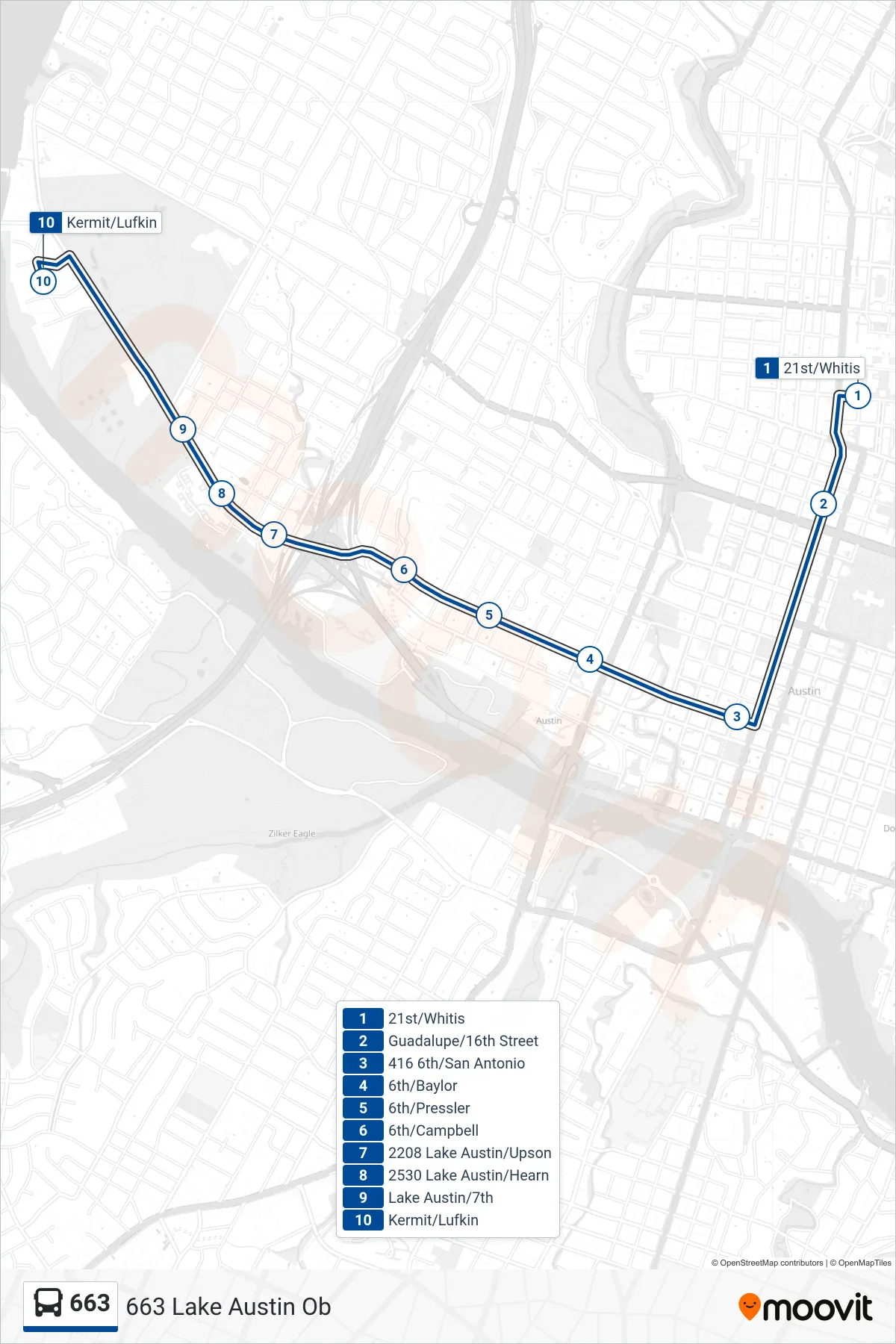 663 bus Line (663 Lake Austin Ob) route and stops on a map