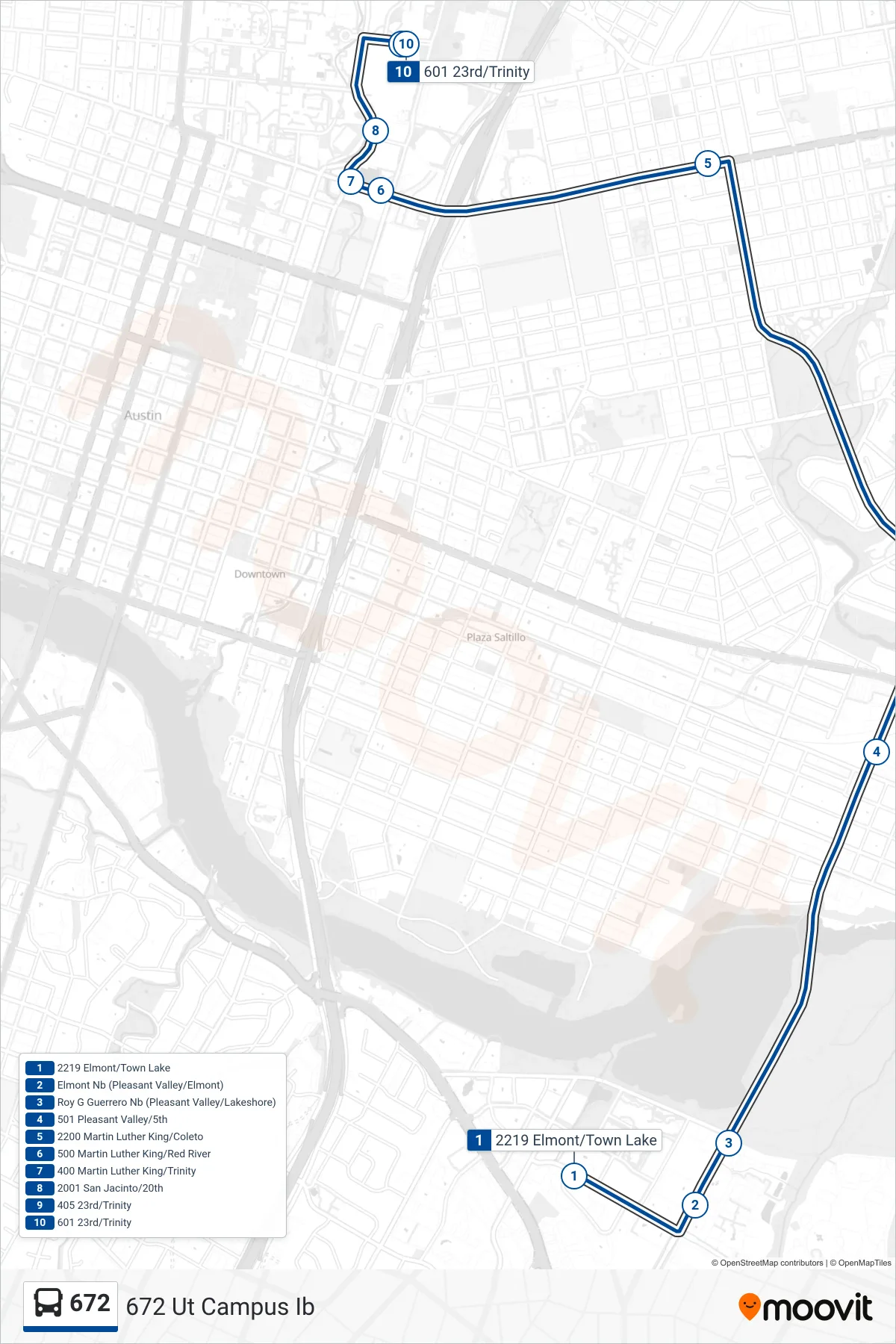 672 bus Line (672 Ut Campus Ib) route and stops on a map