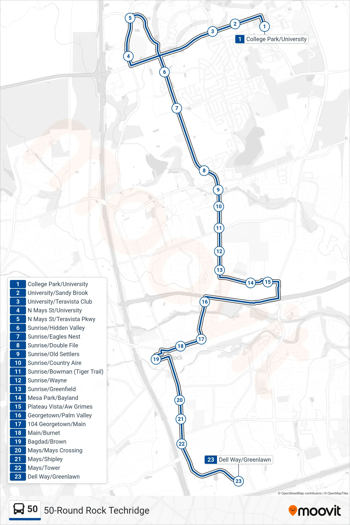 50 bus Line (50 Techridge Sb) route and stops on a map