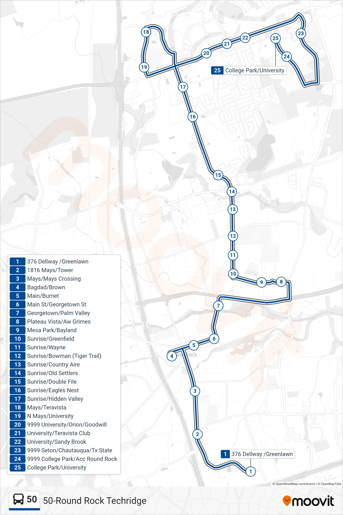 50 bus Line (50 Acc Round Rock Nb) route and stops on a map