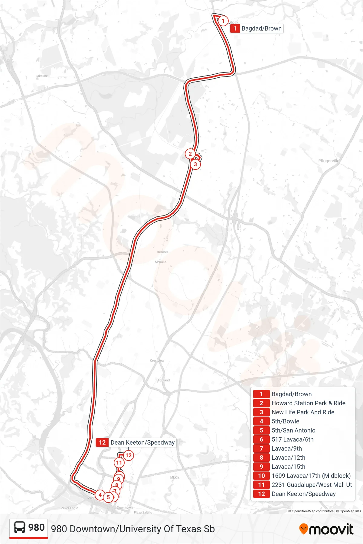 980 bus Line (980 Downtown/University Of Texas Sb) route and stops on a map