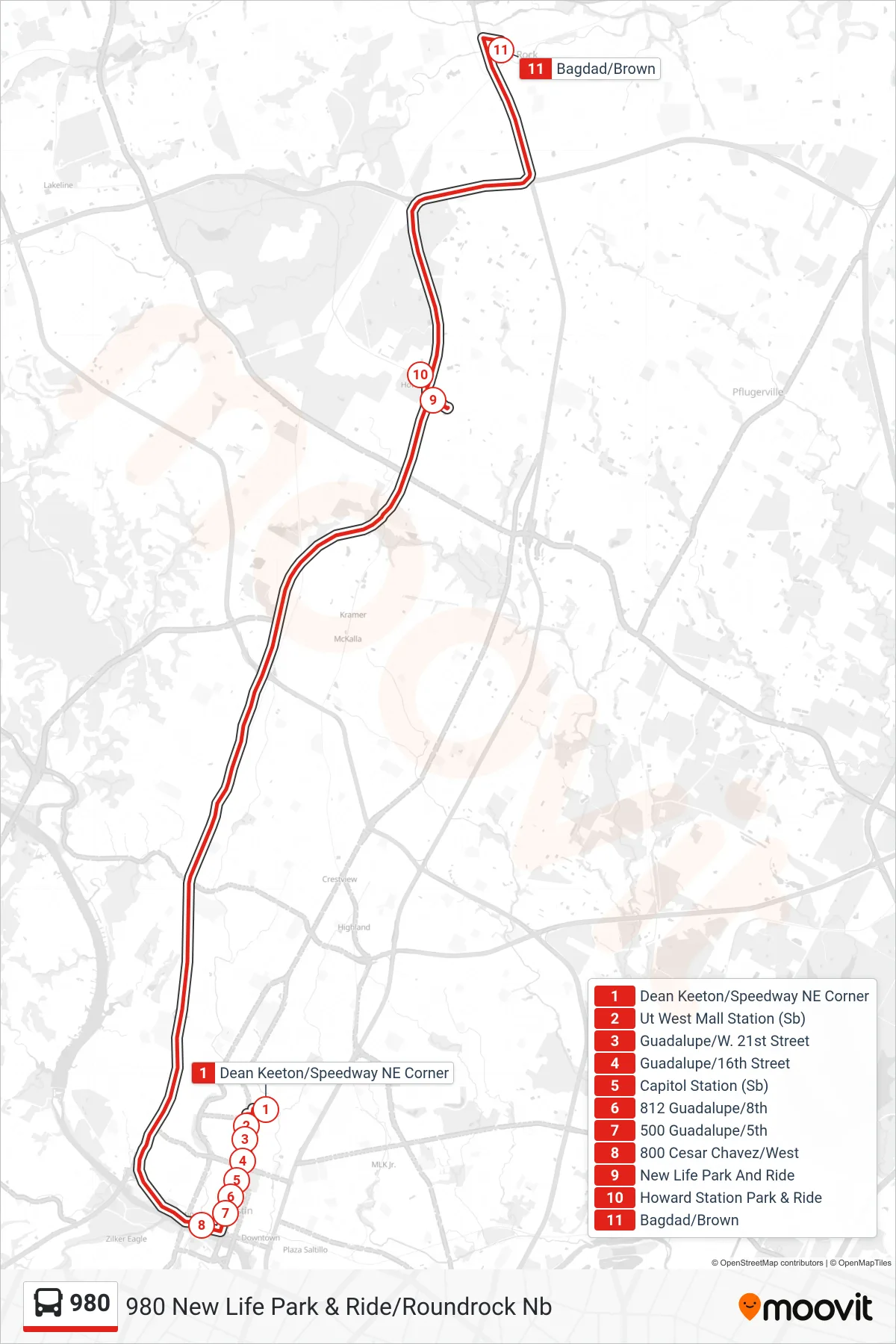980 bus Line (980 New Life Park & Ride/Roundrock Nb) route and stops on a map