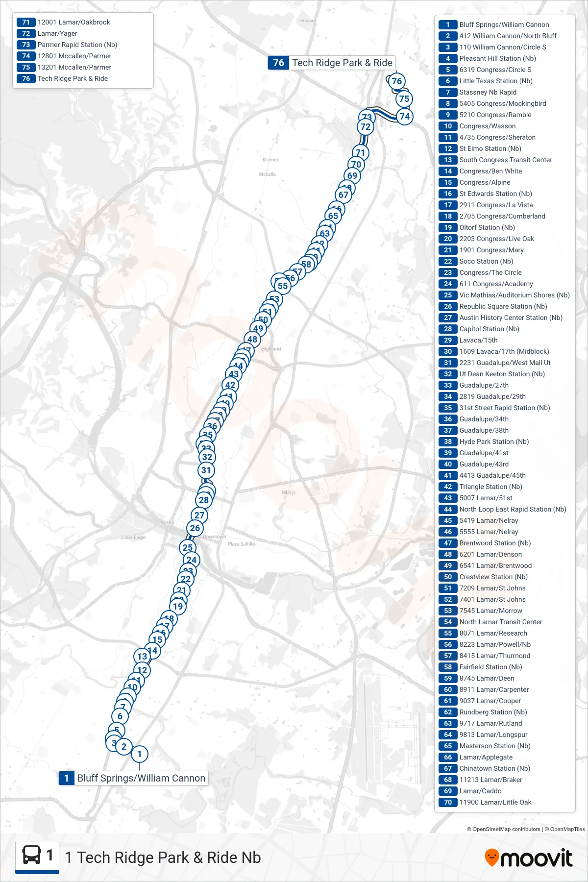 1 bus Line (1 Tech Ridge Park & Ride Nb) route and stops on a map
