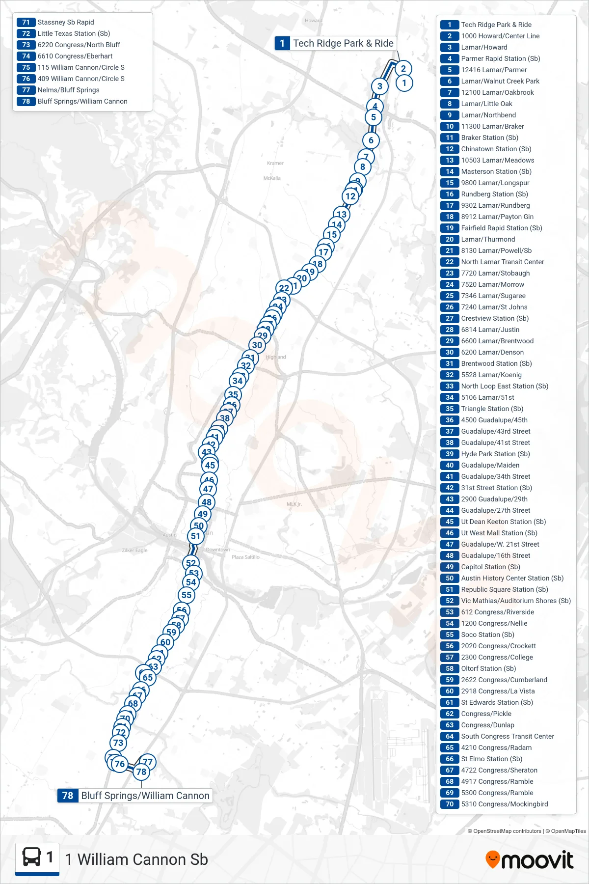 1 bus Line (1 William Cannon Sb) route and stops on a map