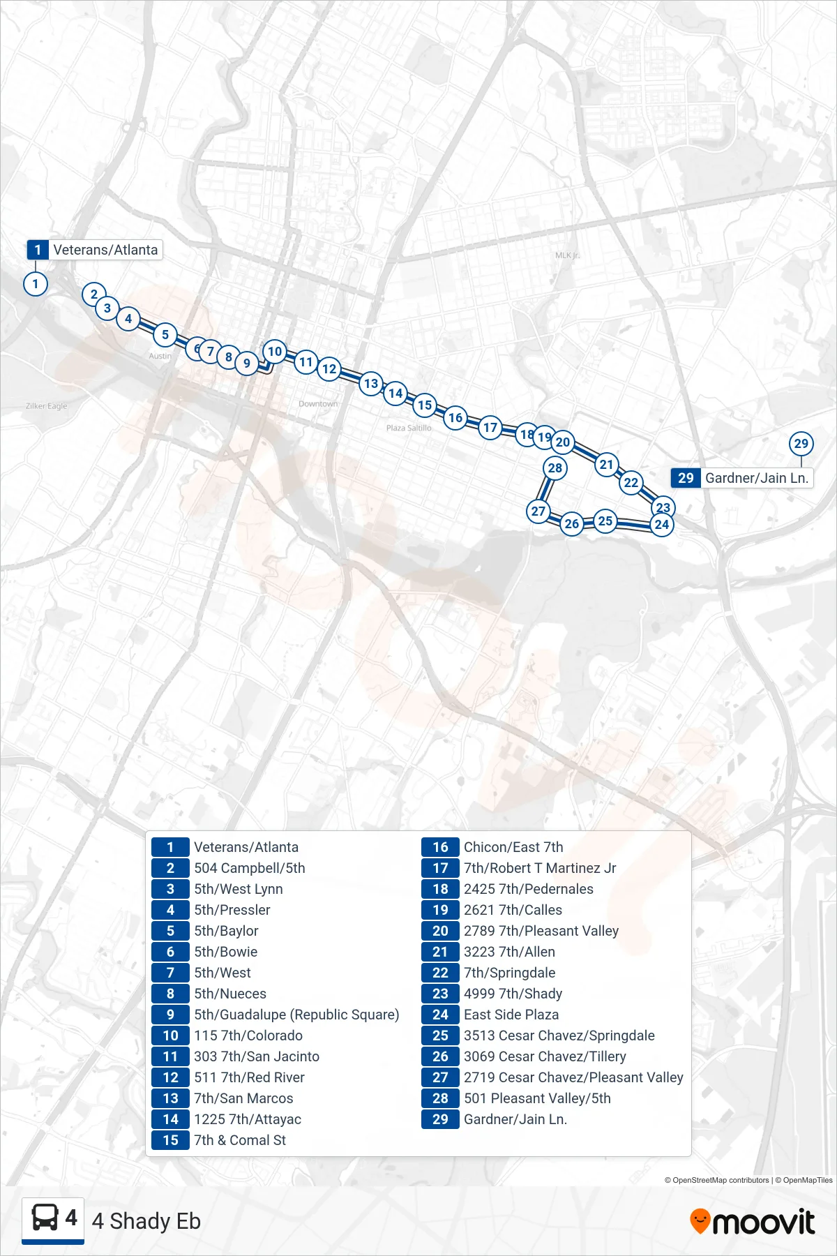 4 bus Line (4 Shady Eb) route and stops on a map
