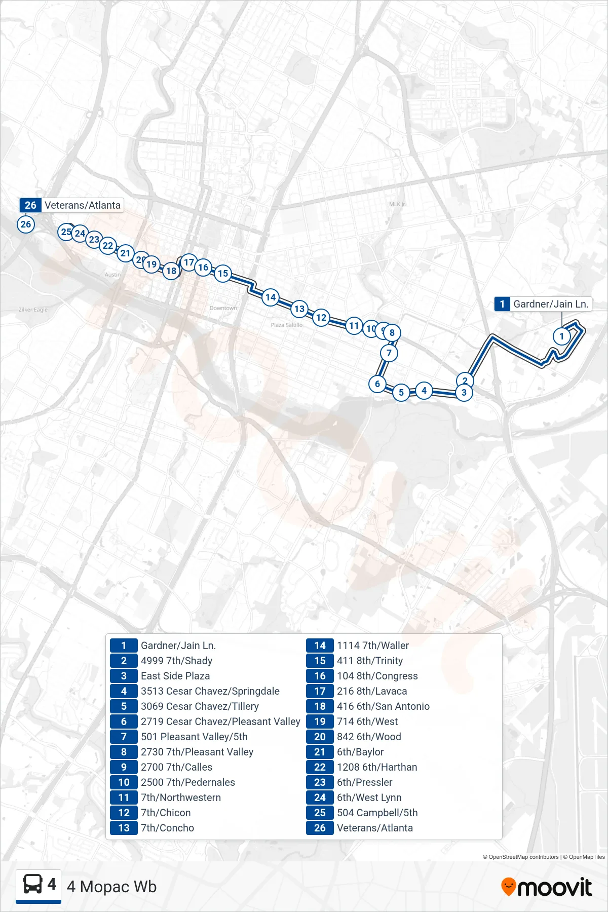 4 bus Line (4 Mopac Wb) route and stops on a map