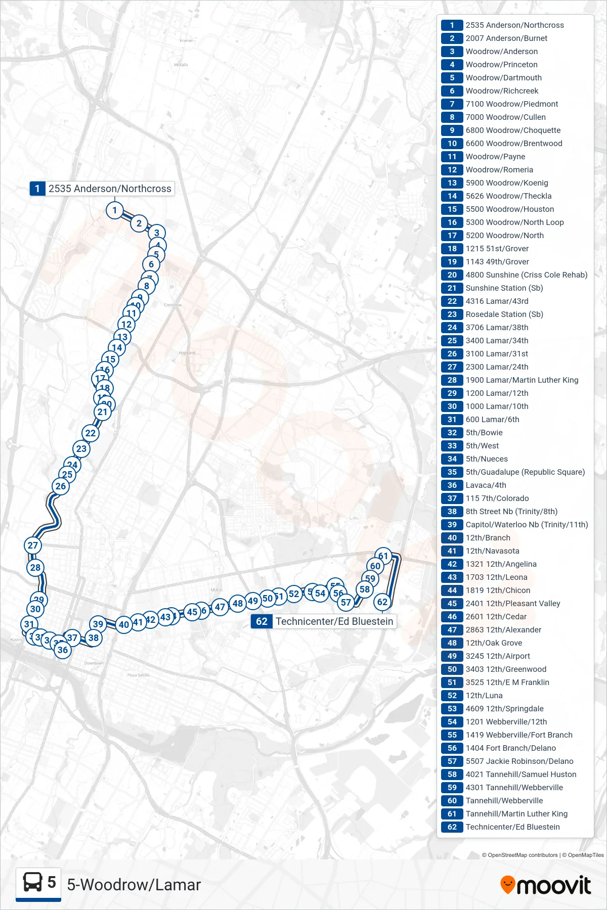 5 bus Line (5 Techi Center Eb) route and stops on a map