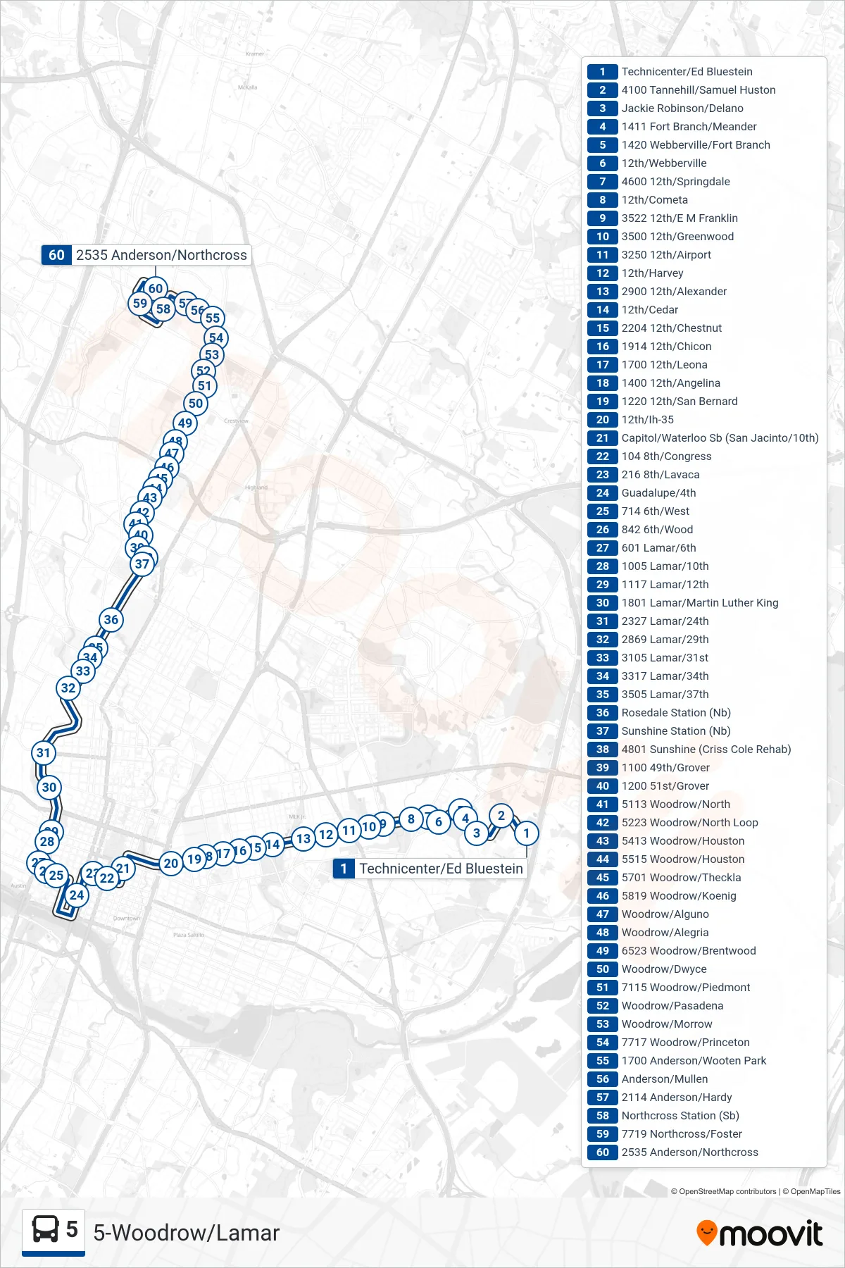 5 bus Line (5 Northcross Wb) route and stops on a map