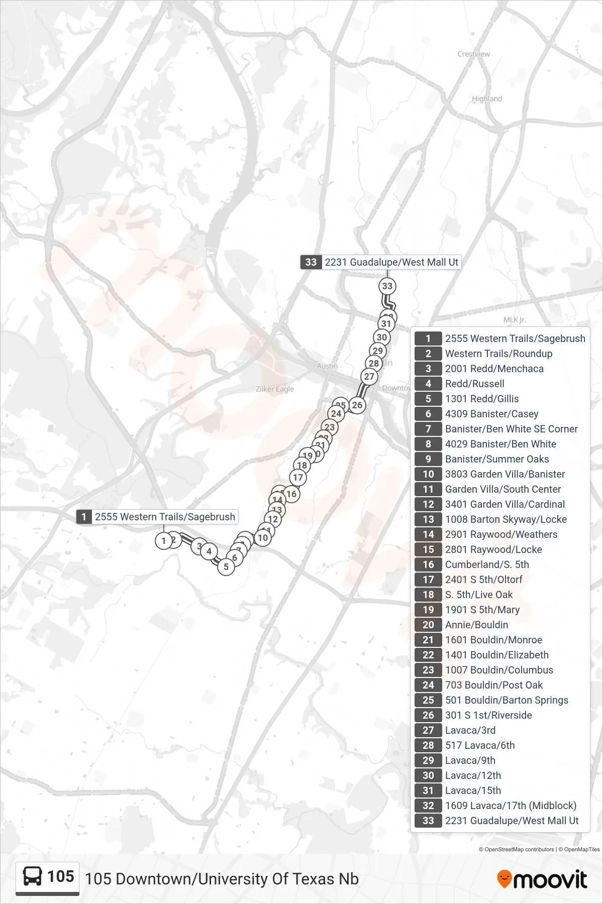 105 bus Line (105 Downtown/University Of Texas Nb) route and stops on a map