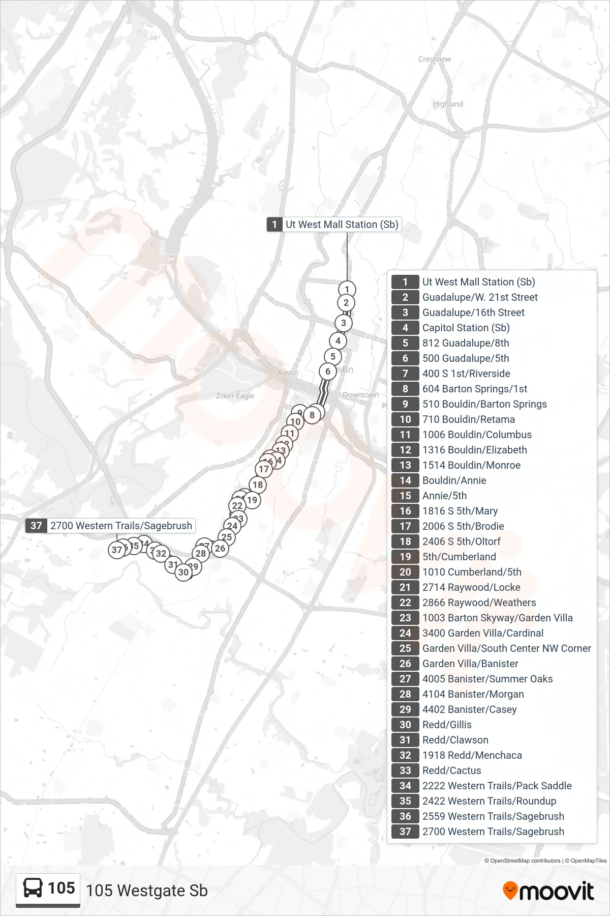 105 bus Line (105 Westgate Sb) route and stops on a map