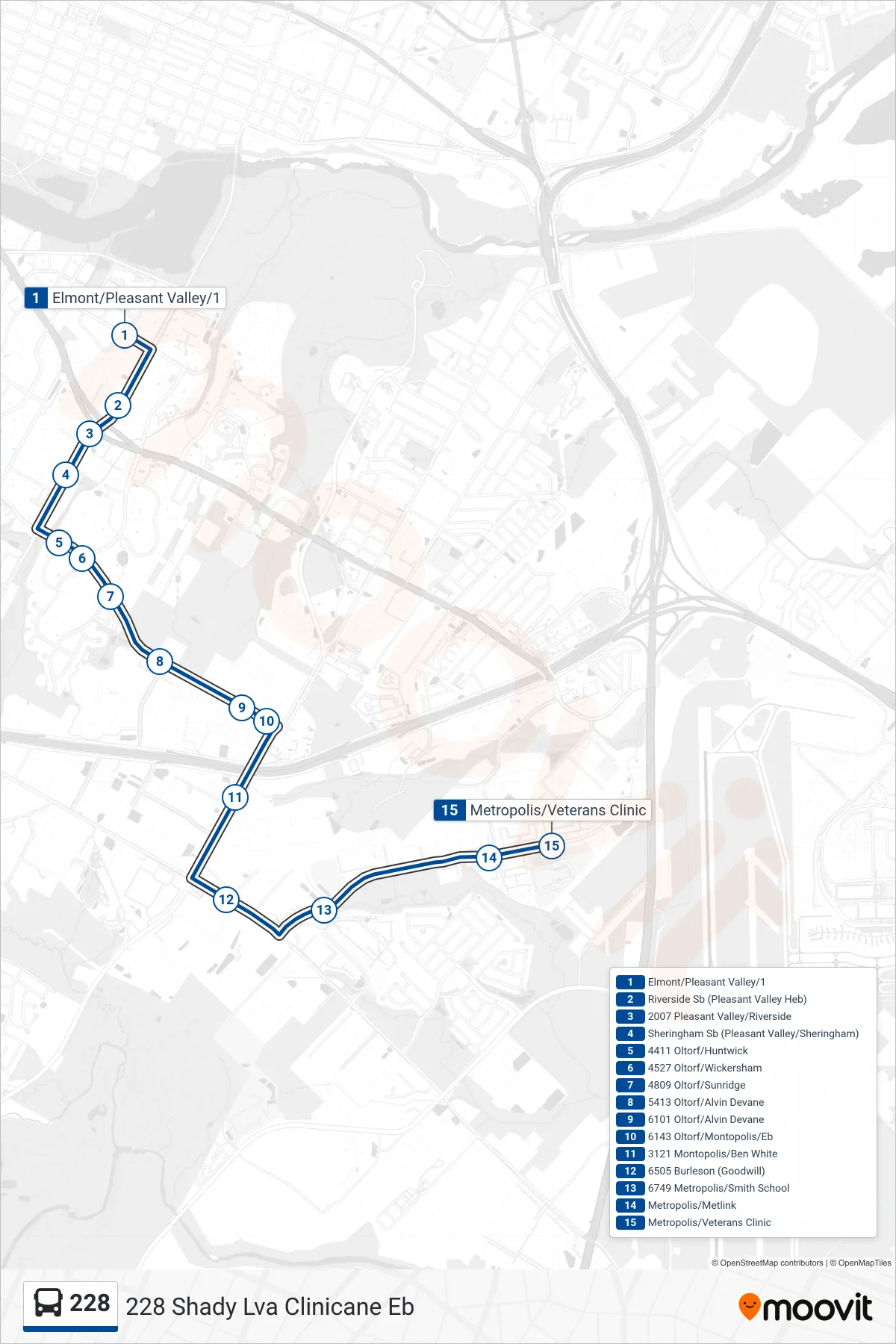 228 bus Line (228 Shady Lva Clinicane Eb) route and stops on a map