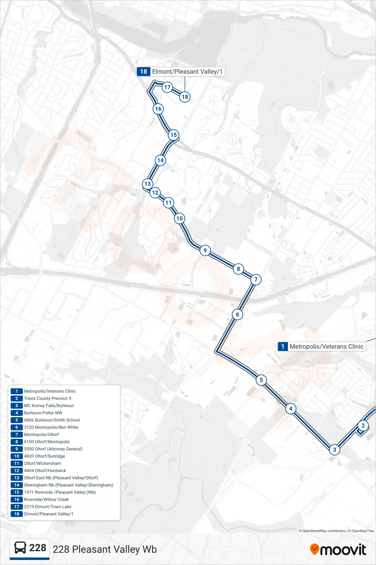 228 bus Line (228 Pleasant Valley Wb) route and stops on a map