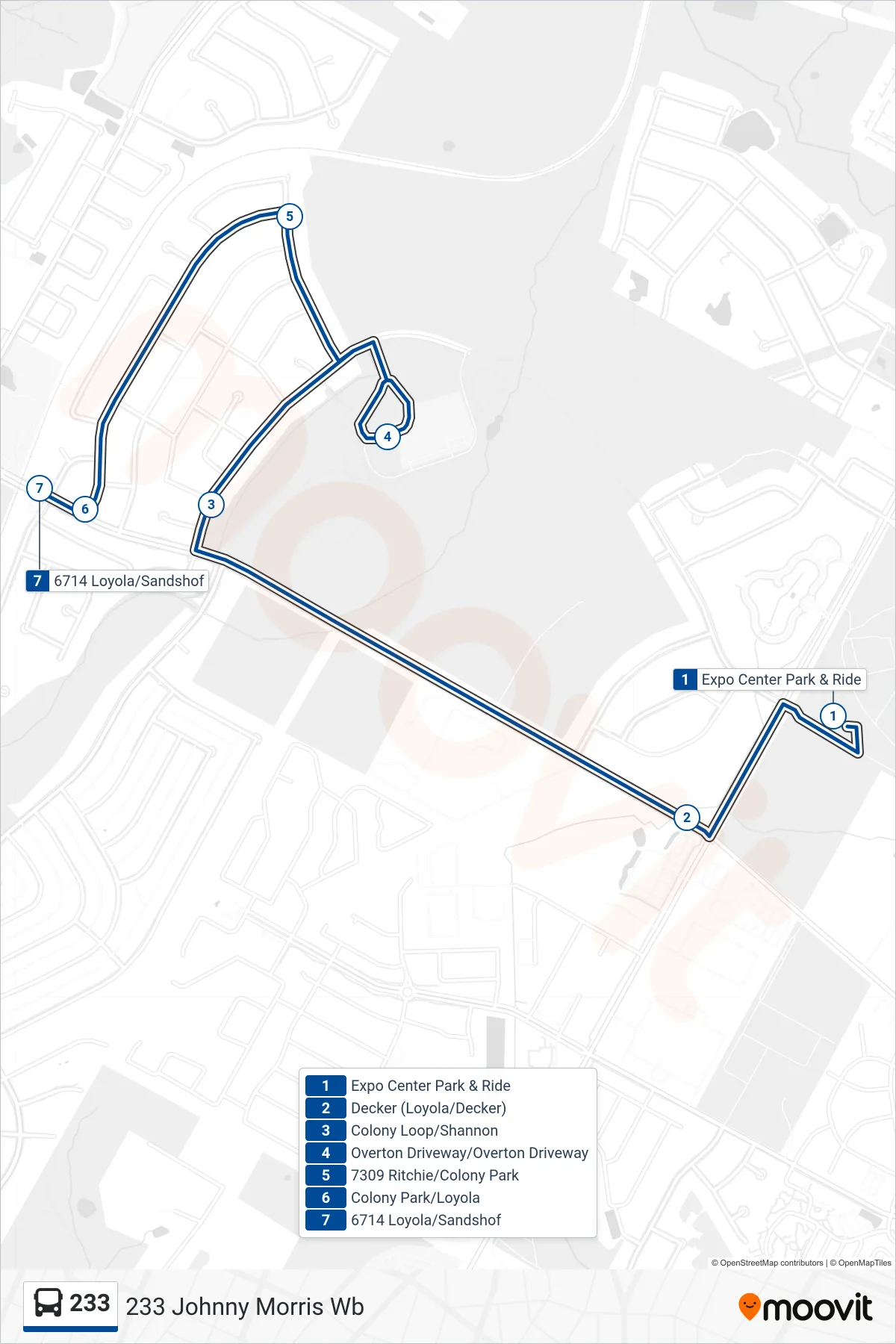 233 bus Line (233 Johnny Morris Wb) route and stops on a map