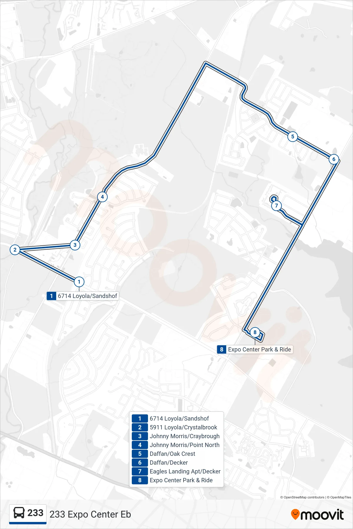 233 bus Line (233 Expo Center Eb) route and stops on a map