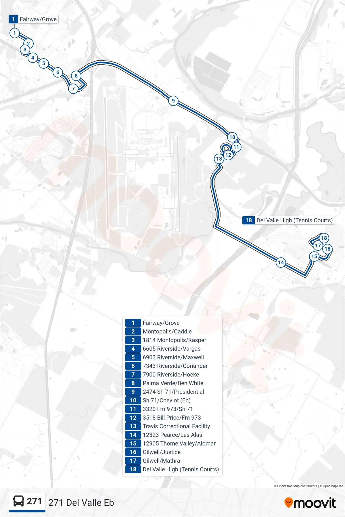 271 bus Line (271 Del Valle Eb) route and stops on a map