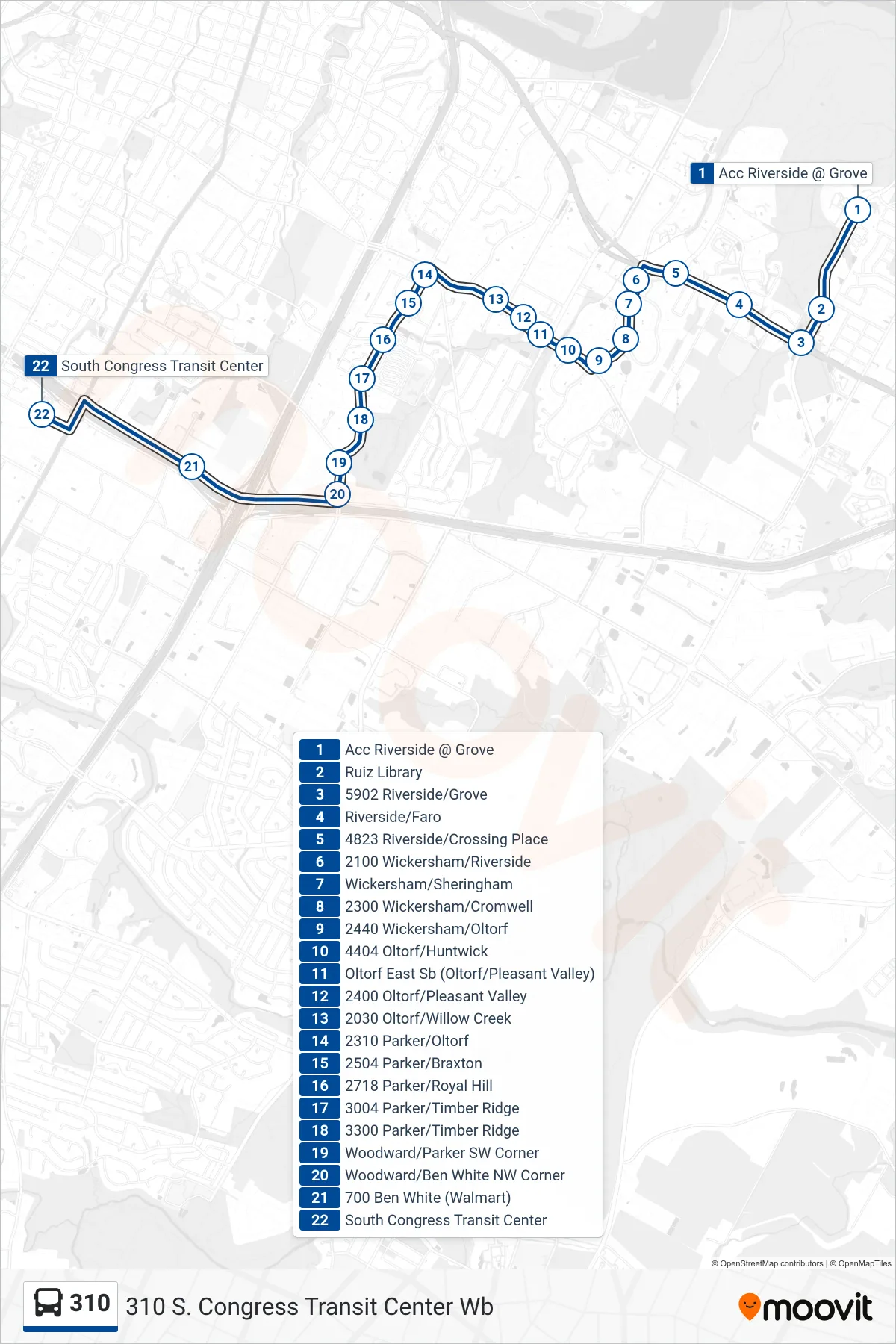 310 bus Line (310 S. Congress Transit Center Wb) route and stops on a map