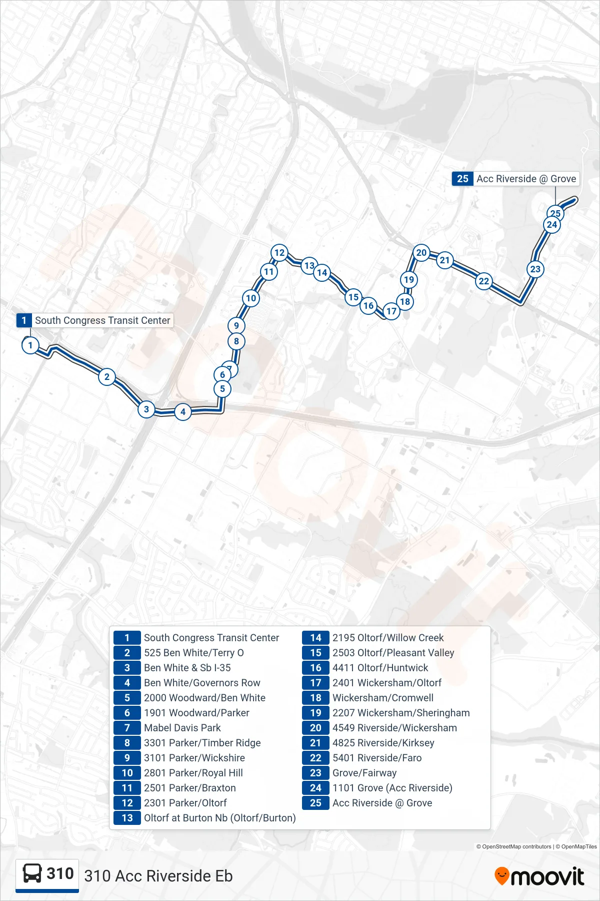 310 bus Line (310 Acc Riverside Eb) route and stops on a map