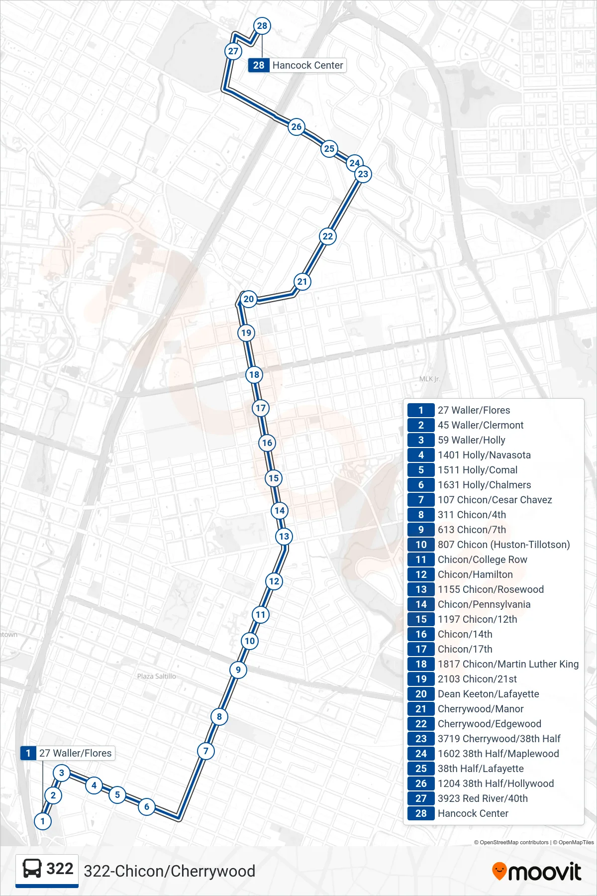 322 bus Line (322 Hancock Center Nb) route and stops on a map