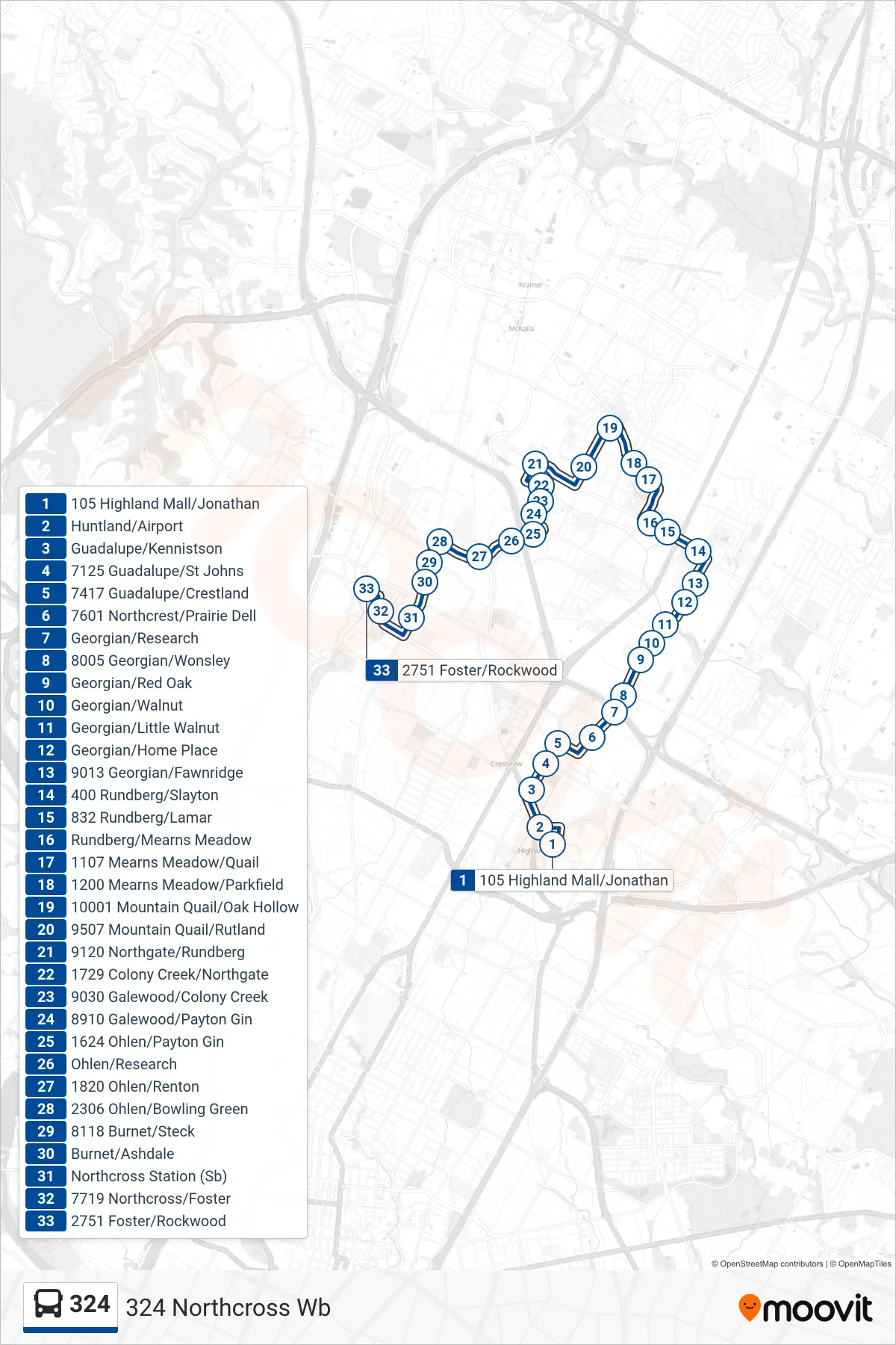 324 bus Line (324 Northcross Wb) route and stops on a map