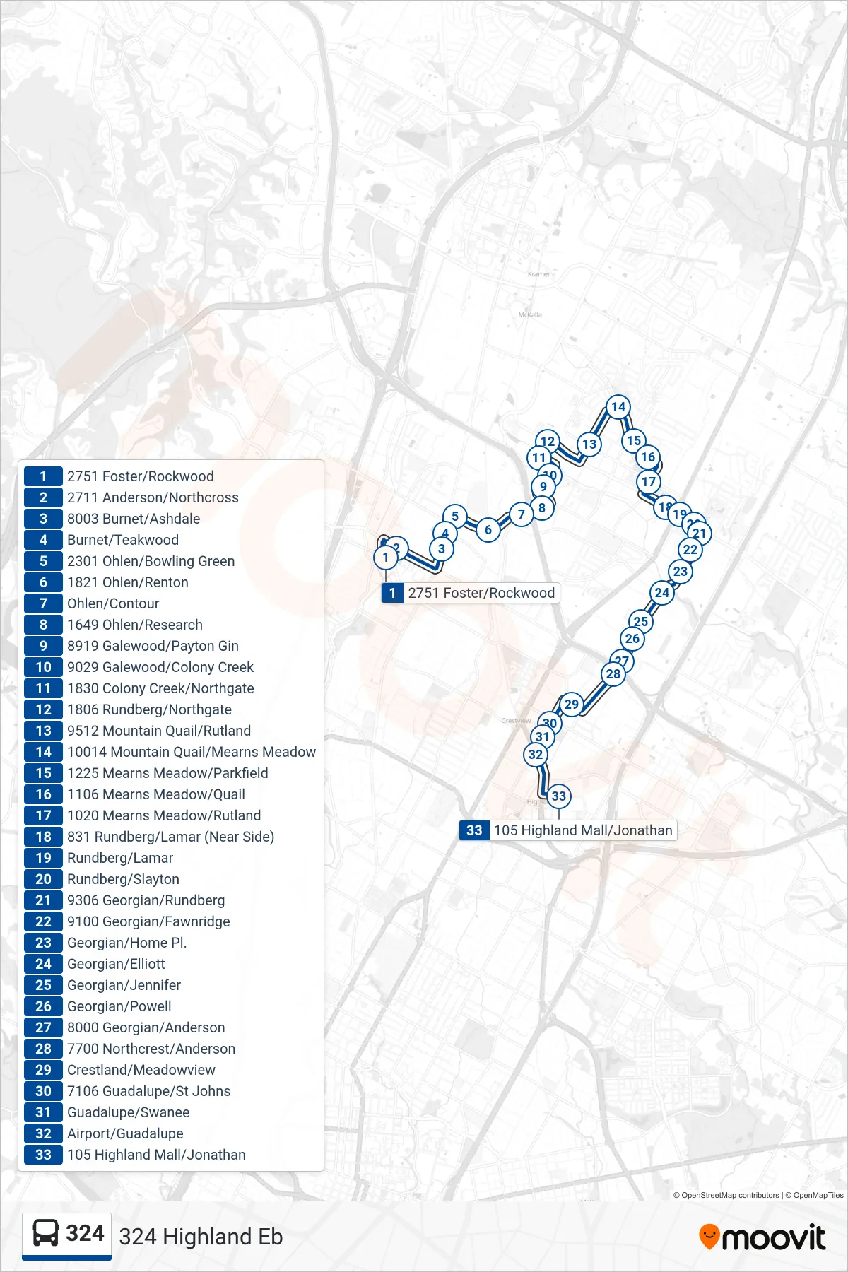 324 bus Line (324 Highland Eb) route and stops on a map