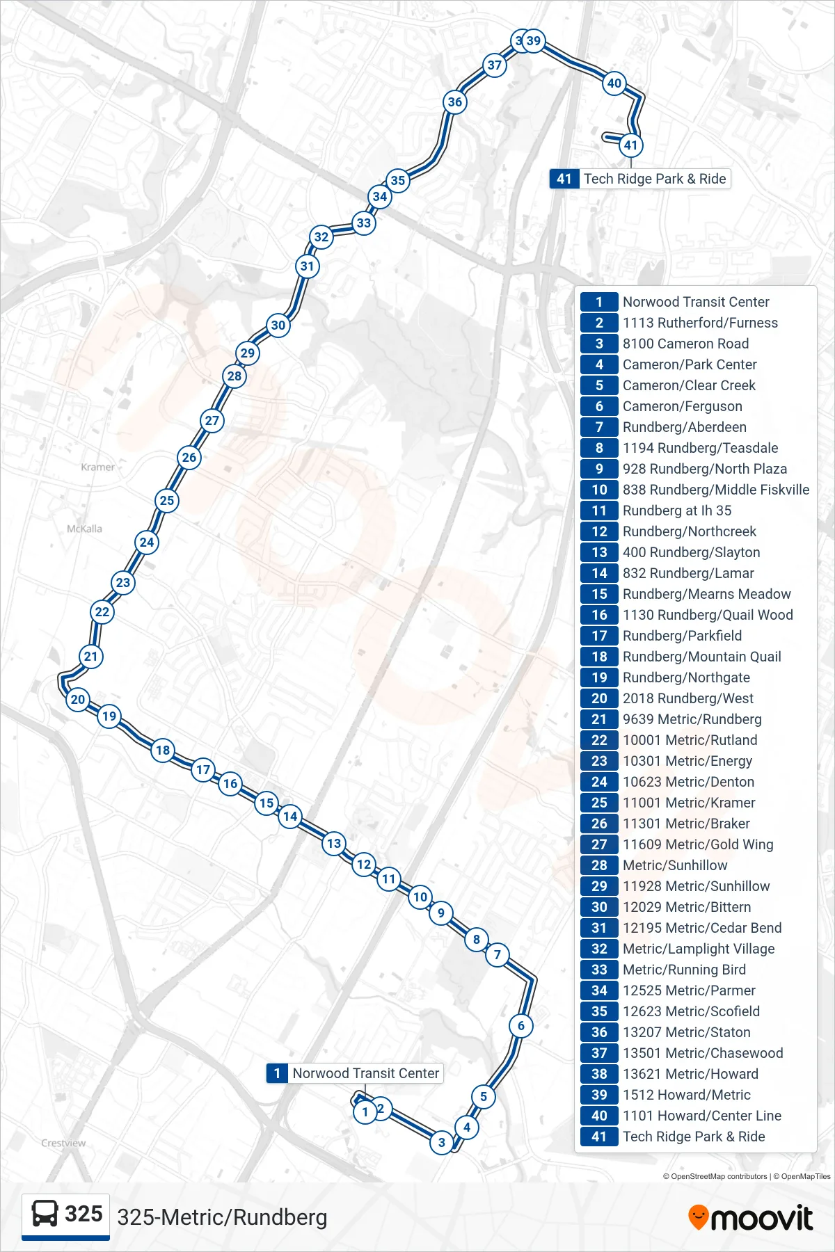 325 bus Line (325 Tech Ridge Park & Ride Nb) route and stops on a map