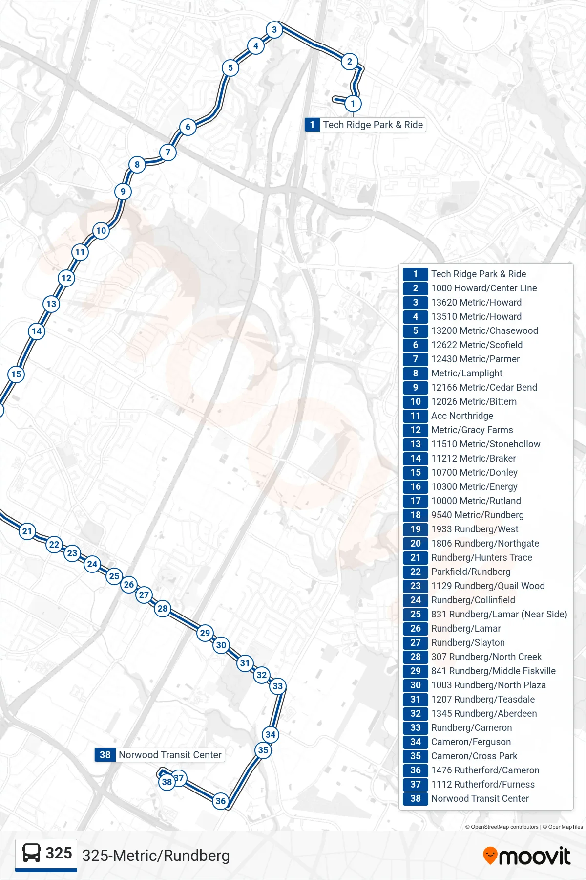 325 bus Line (325 Norwood Transit Center Sb) route and stops on a map