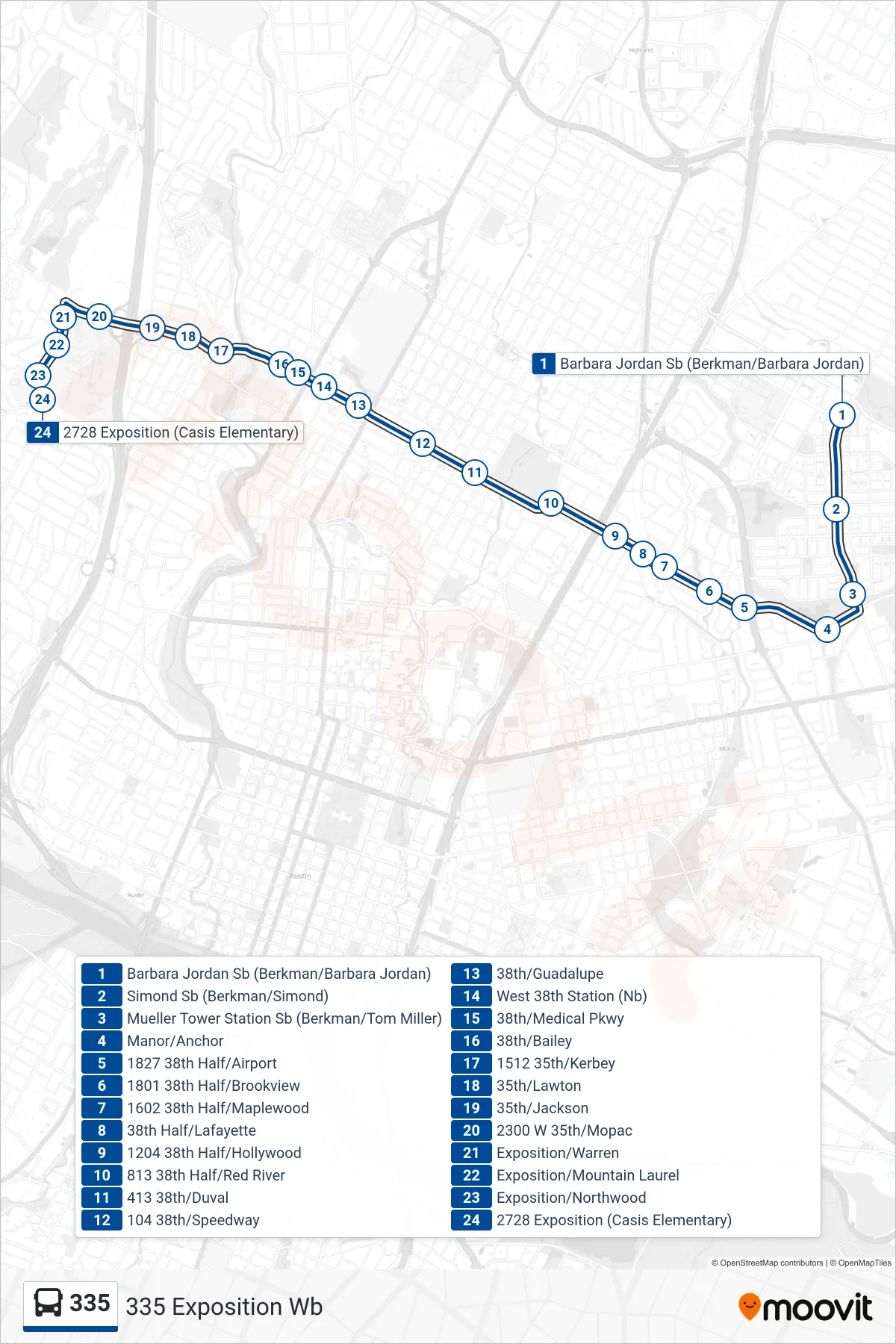 335 bus Line (335 Exposition Wb) route and stops on a map