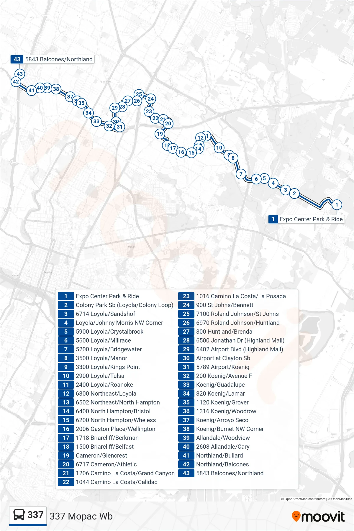 337 bus Line (337 Mopac Wb) route and stops on a map