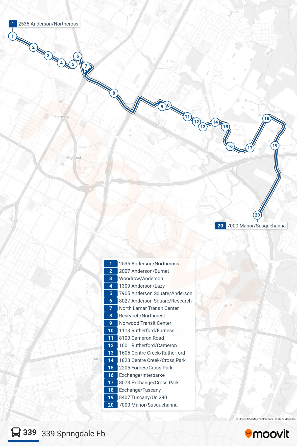 339 bus Line (339 Springdale Eb) route and stops on a map