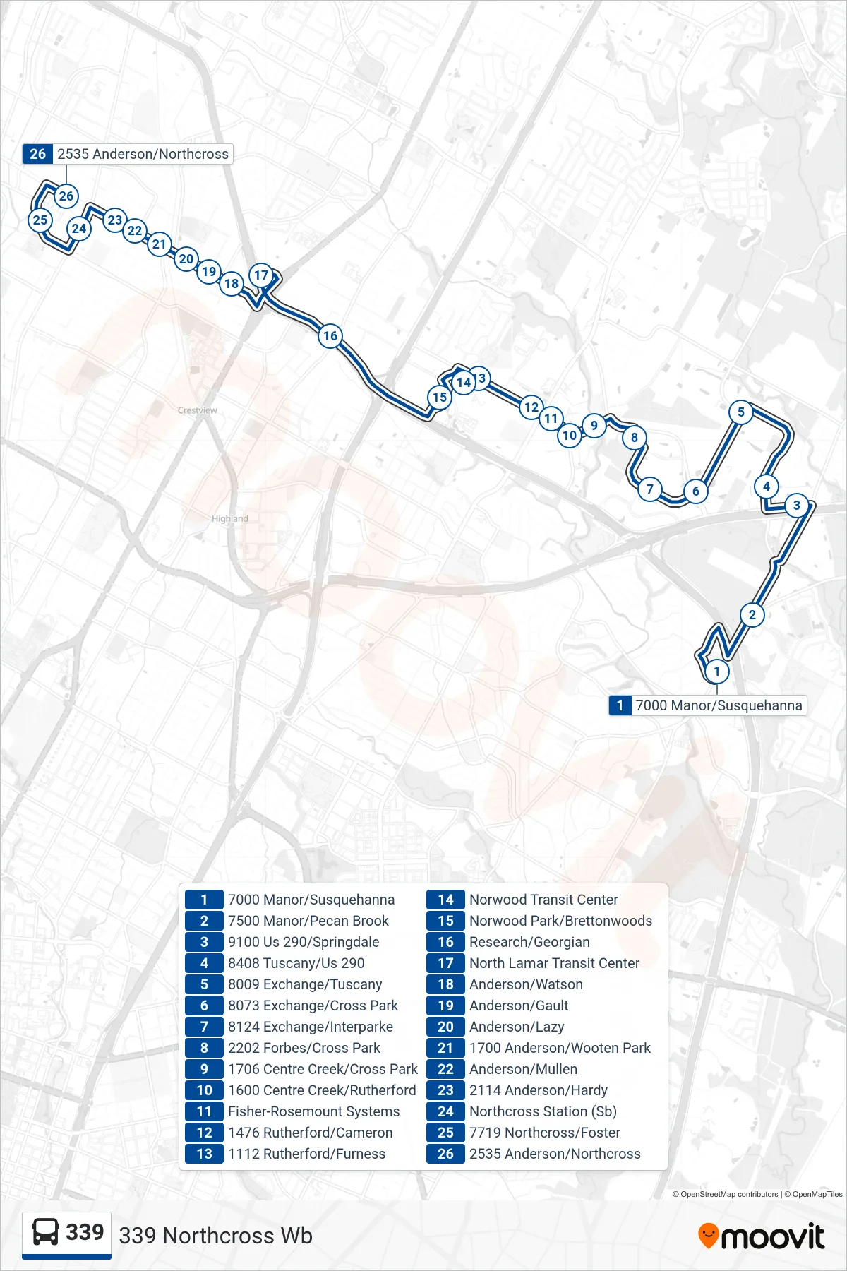 339 bus Line (339 Northcross Wb) route and stops on a map
