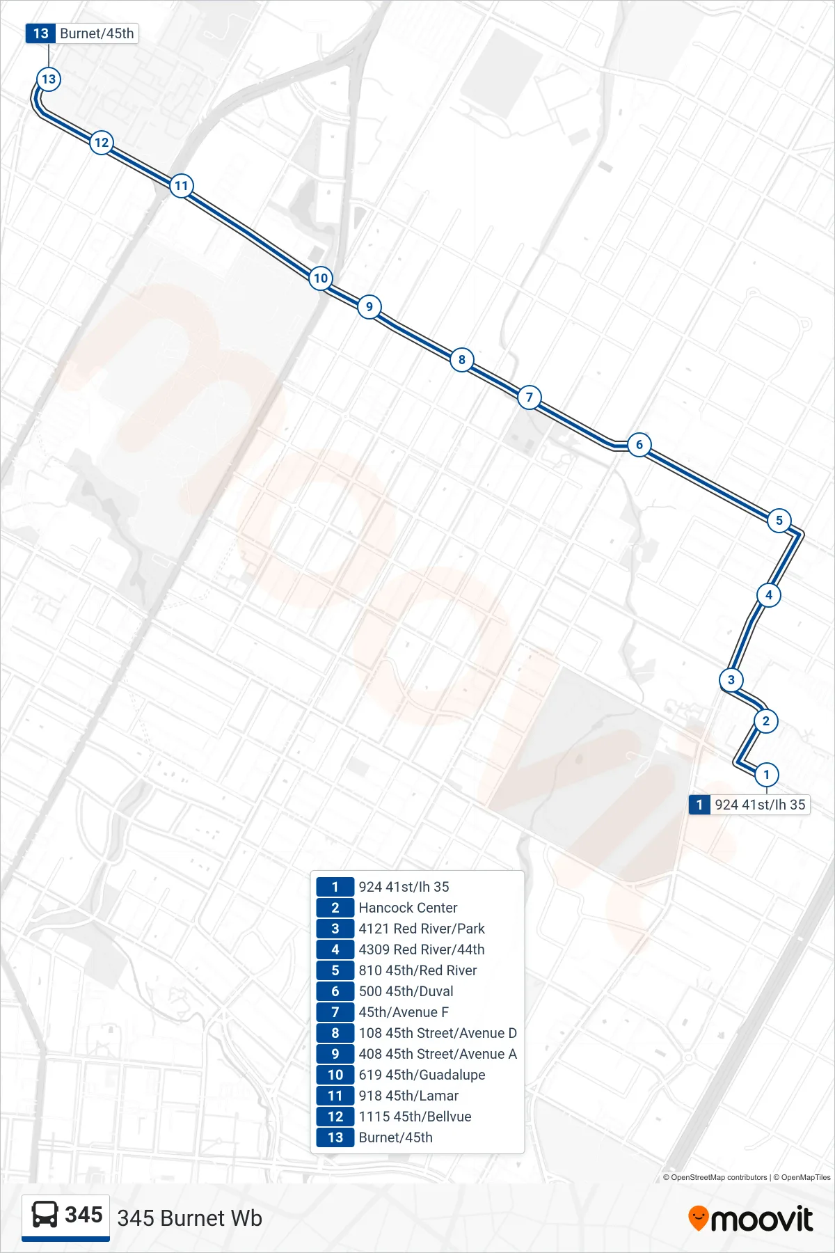 345 bus Line (345 Burnet Wb) route and stops on a map