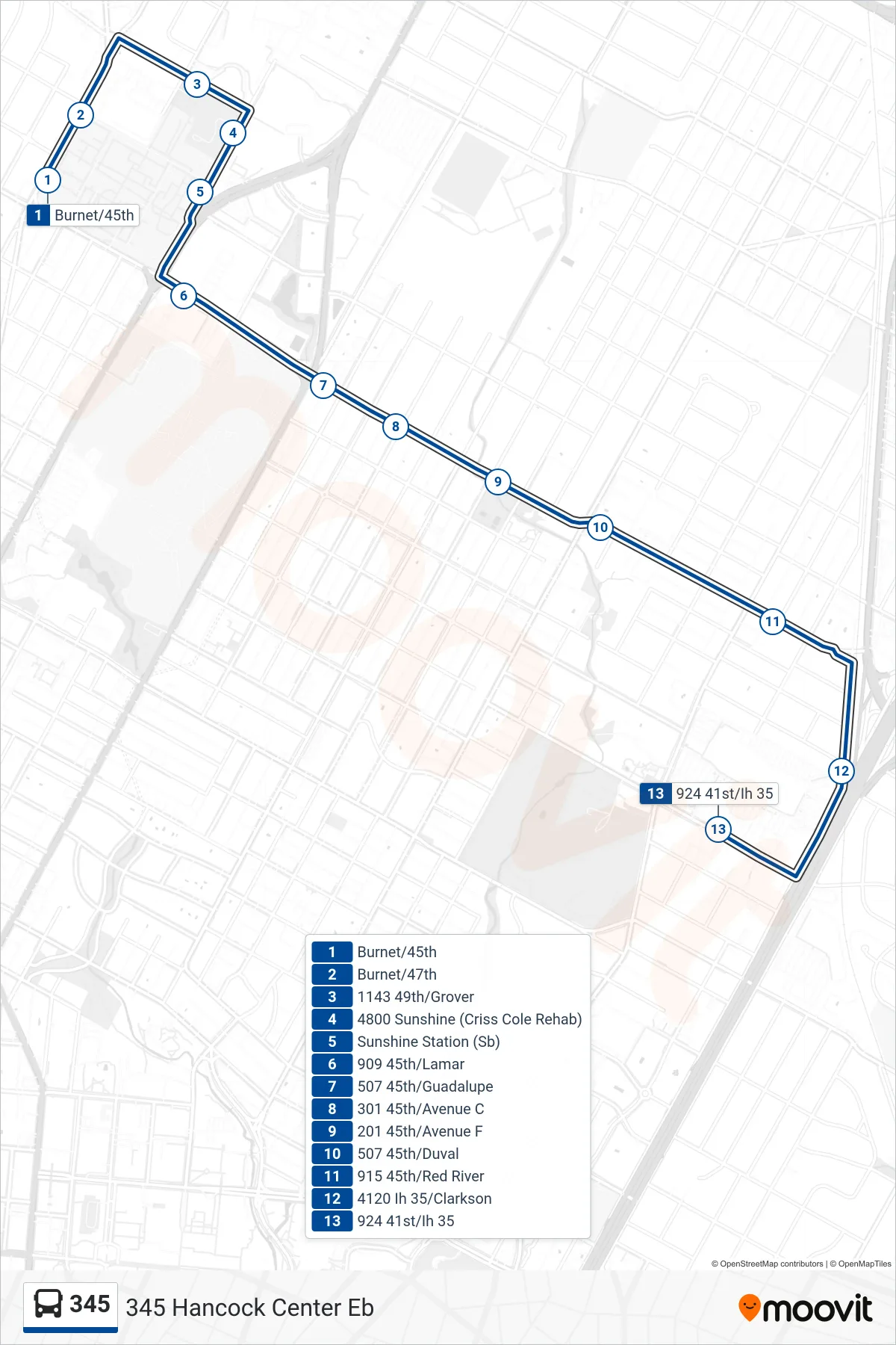 345 bus Line (345 Hancock Center Eb) route and stops on a map