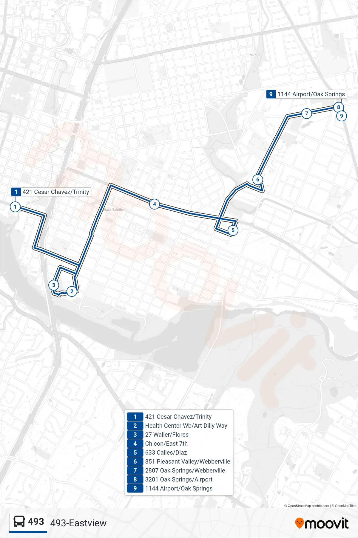 493 bus Line (493 Airport/ Oak Springs Ob) route and stops on a map