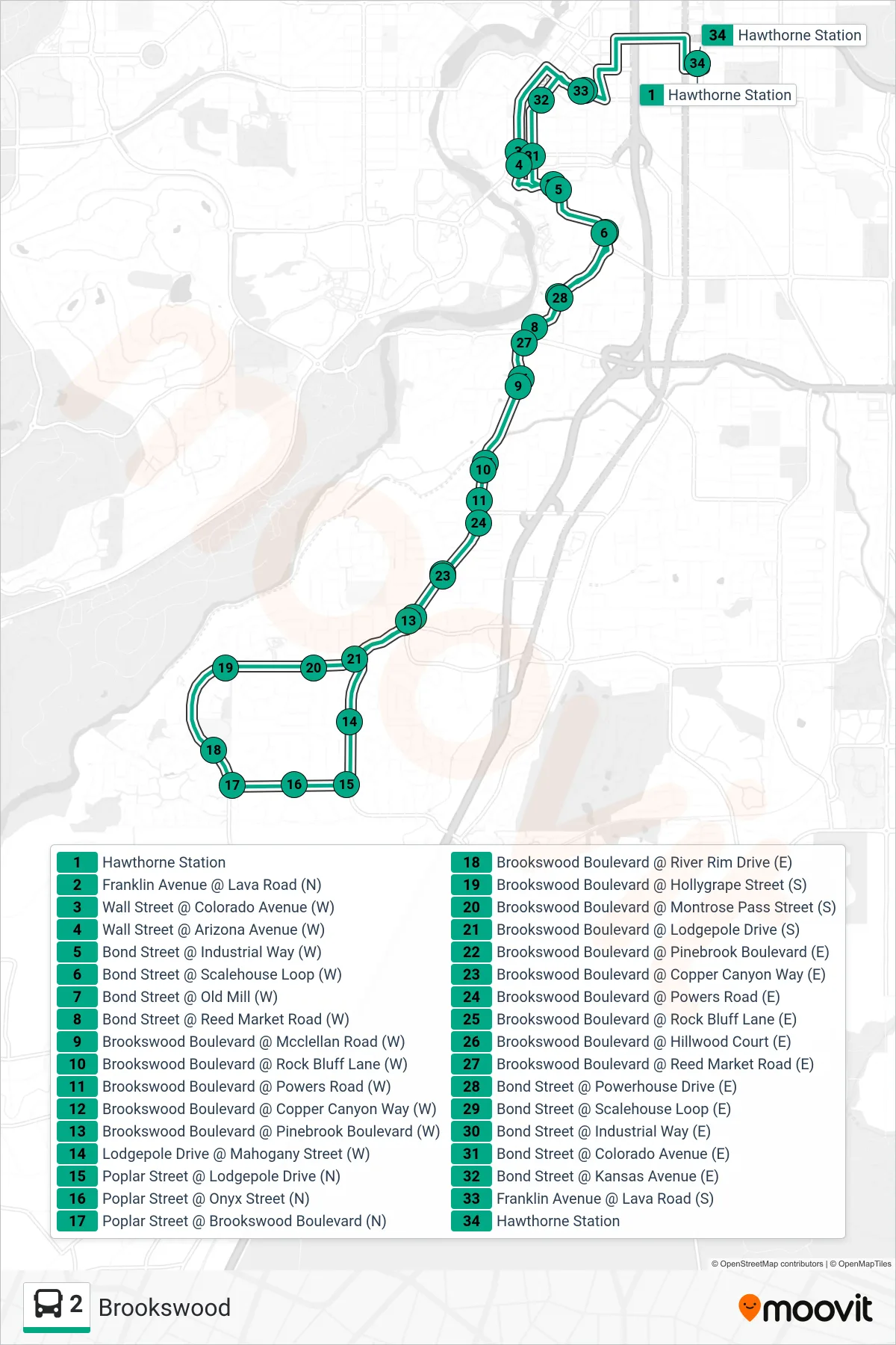 2 bus Line (Platform C @ Hawthorne Station) route and stops on a map