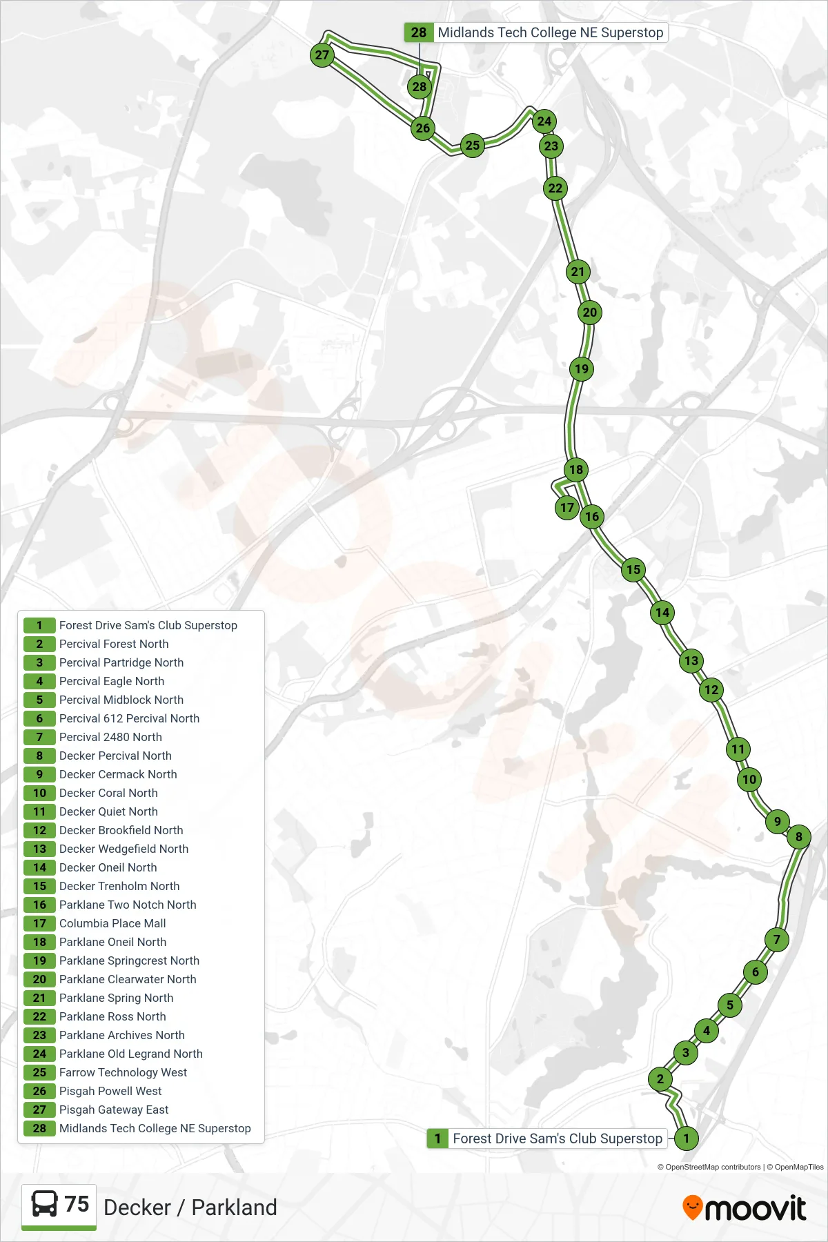 75 bus Line (Midlands Technical College NE Superstop) route and stops on a map