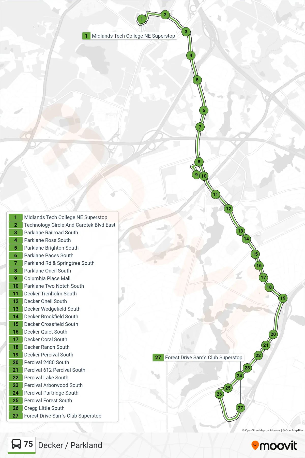 75 bus Line (Forest Drive Sam's Club Superstop) route and stops on a map