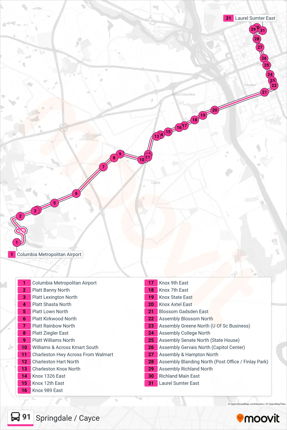 91 bus Line (Comet Central Via Airport Blvd, Knox Abbott) route and stops on a map