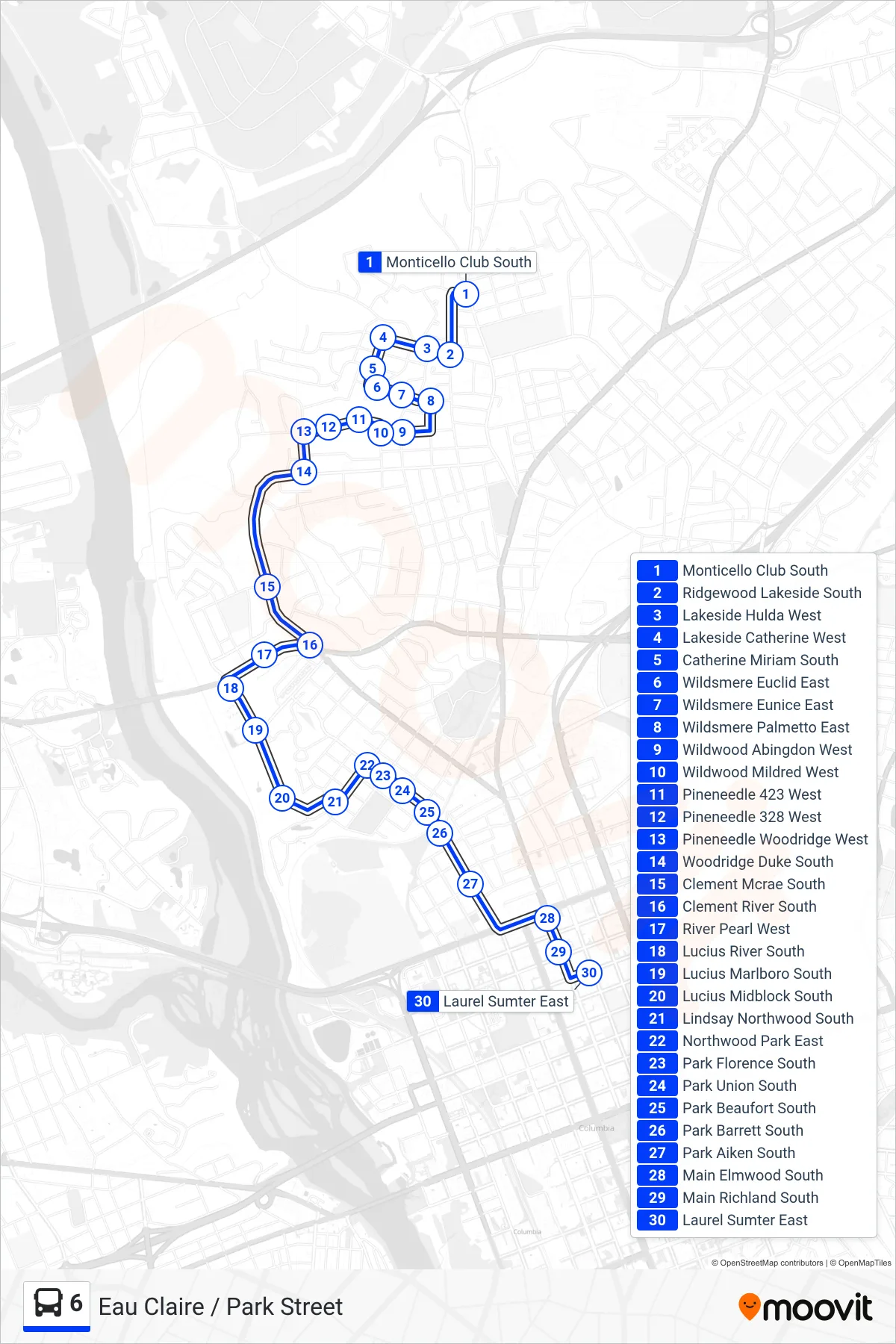6 bus Line (Eau Claire / Park Street) route and stops on a map